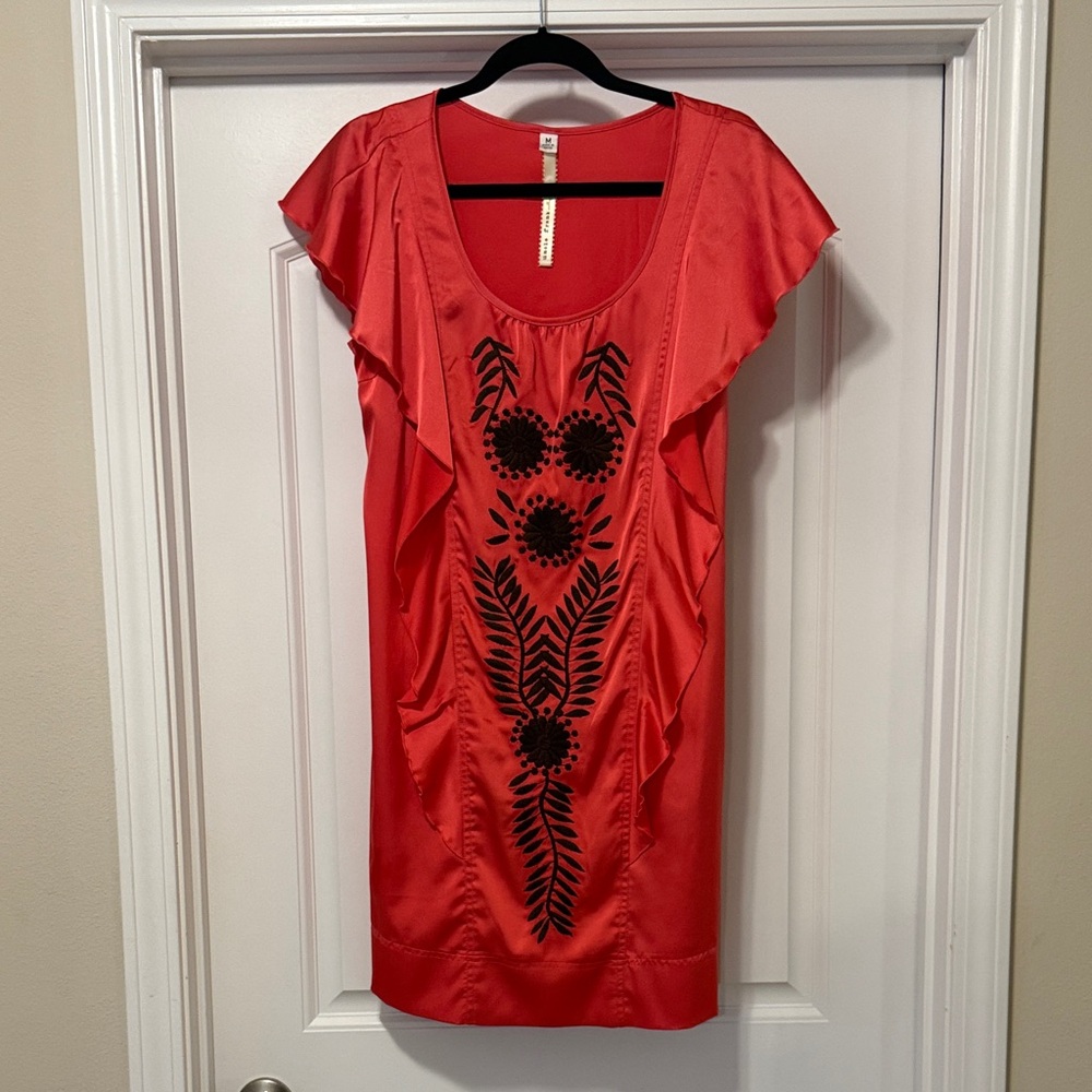 Coral Dress with Black Floral Design